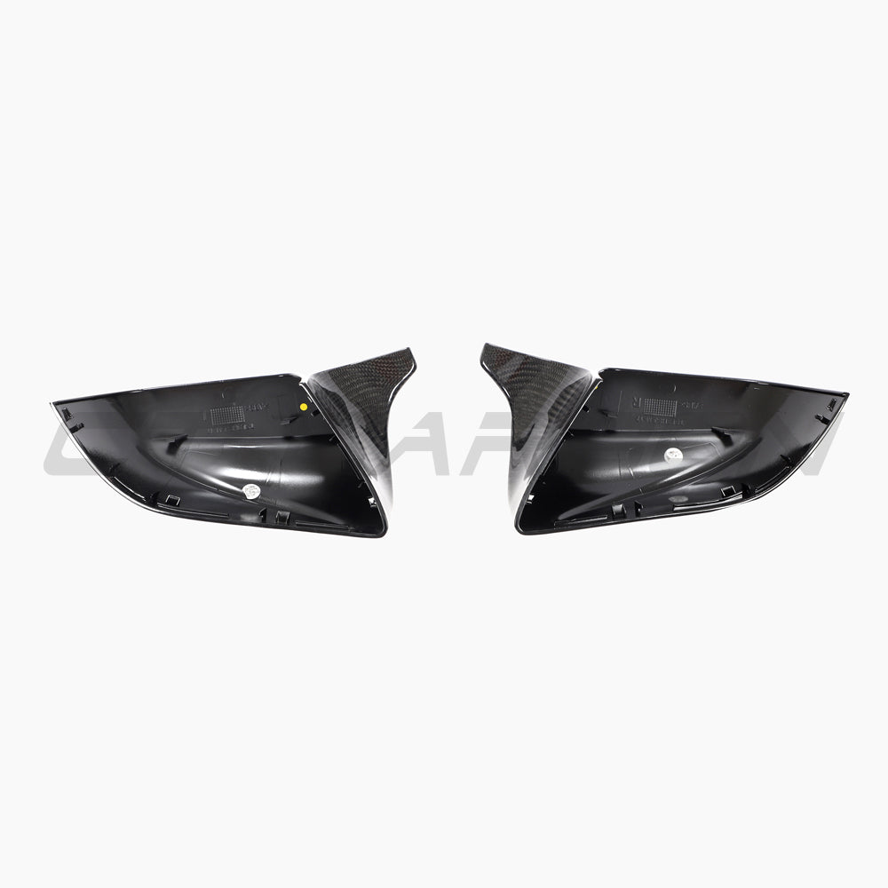 Tesla Model 3 2017+ carbon fibre side mirror covers by CT Carbon, V2 accessories, sleek black carbon fiber finish, close-up view