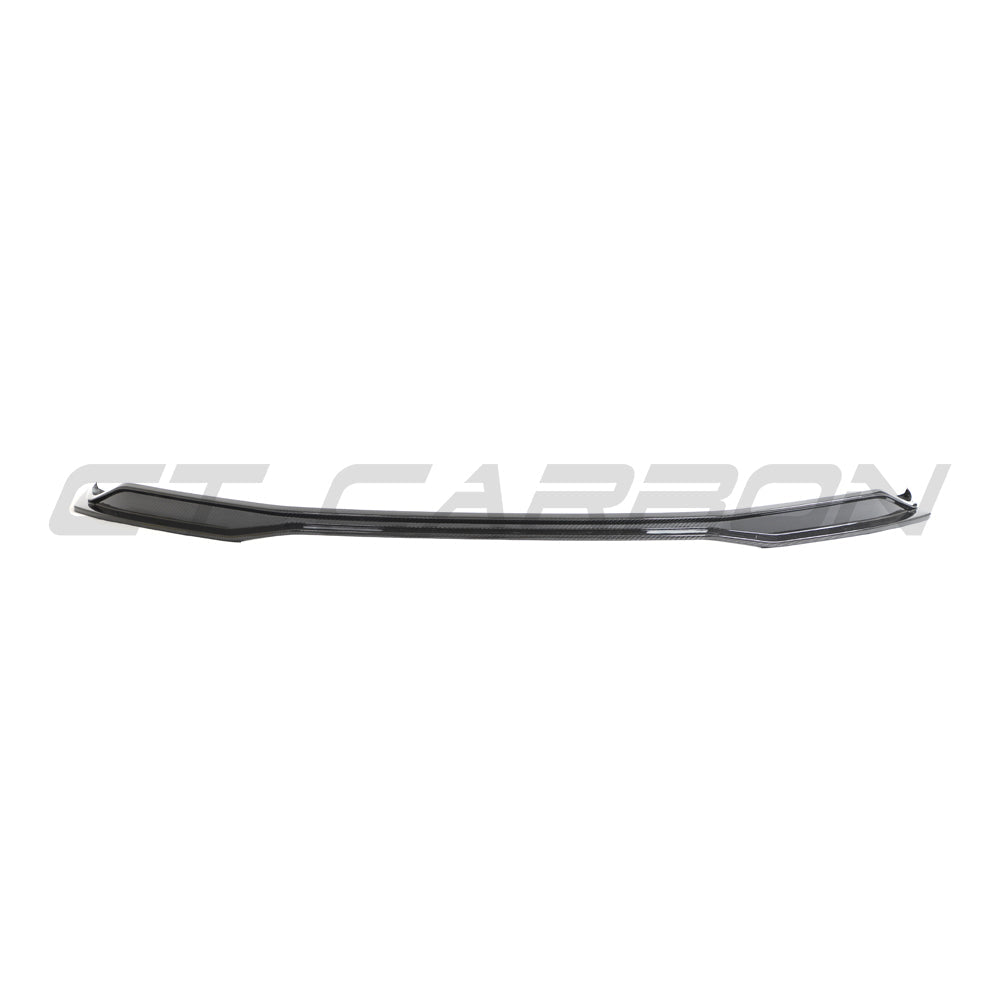CT Carbon Audi R8 V10 Gen 2.5 carbon fibre splitter installed on the front of the sports car, showcasing sleek aerodynamic design.