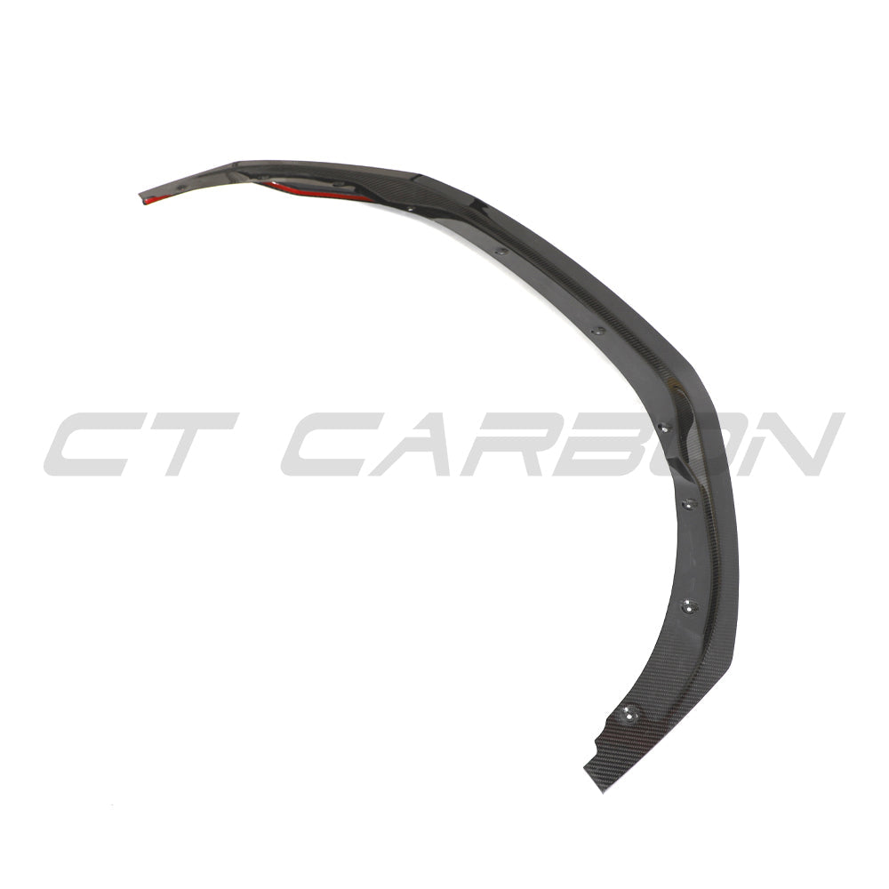 CT Carbon Audi R8 V10 Gen 2.5 carbon fibre splitter installed on the front of the sports car, showcasing sleek aerodynamic design.