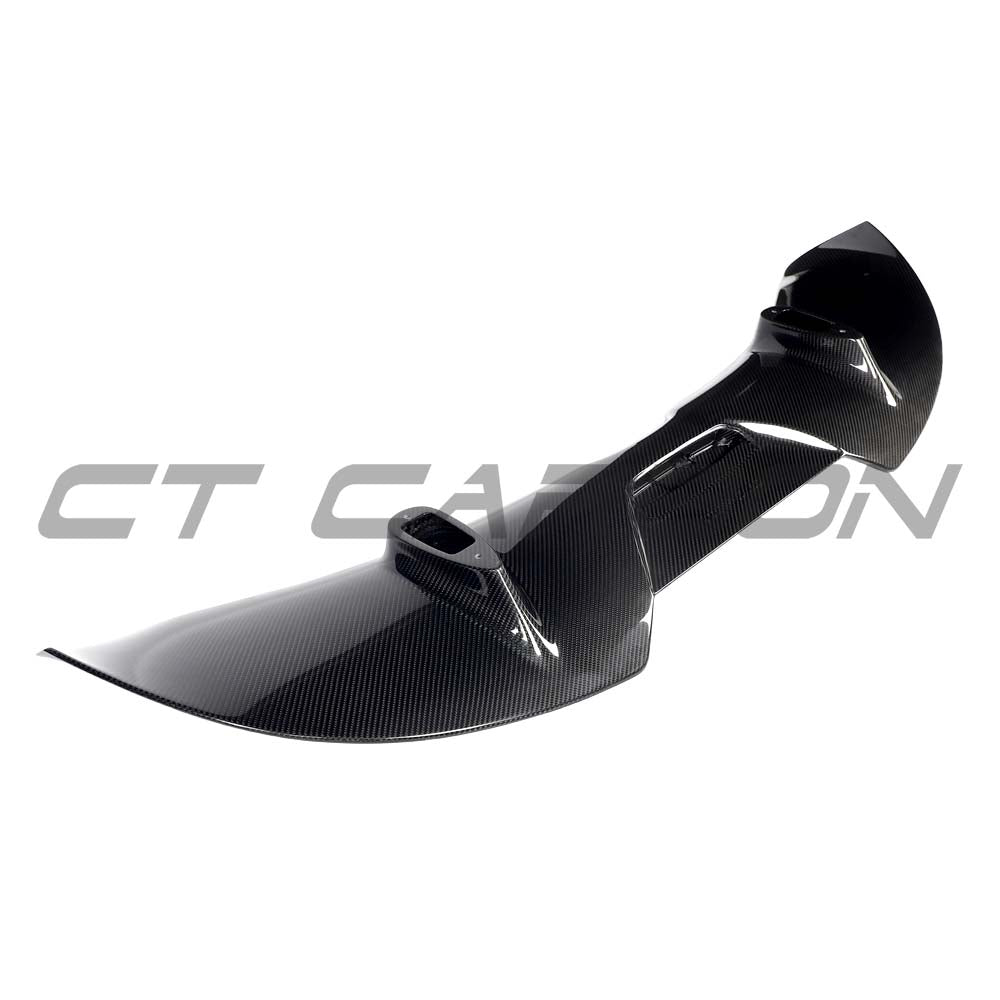 CT Carbon McLaren 750S 2023 carbon fiber spoiler installed on the sleek sports car, showcasing aerodynamic design and high-performance style.