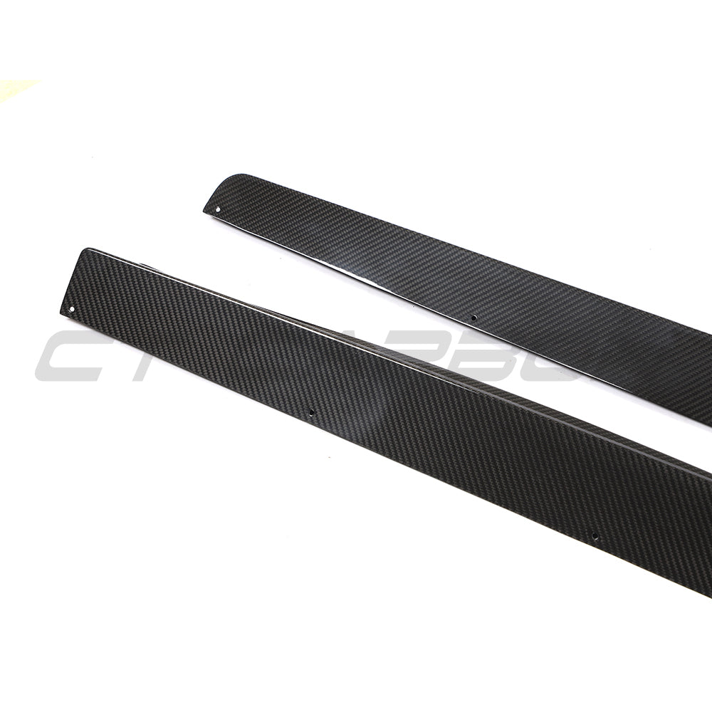 BMW 8 Series M8 G15/F92 carbon fiber side skirts by CT Carbon installed on a 2019-2025 model.