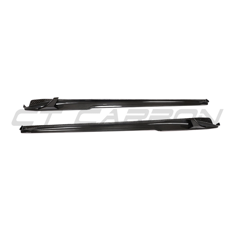 CT Carbon Porsche 911 991.2 GTS carbon fibre side skirt extensions on vehicle, showcasing sleek aerodynamic design.