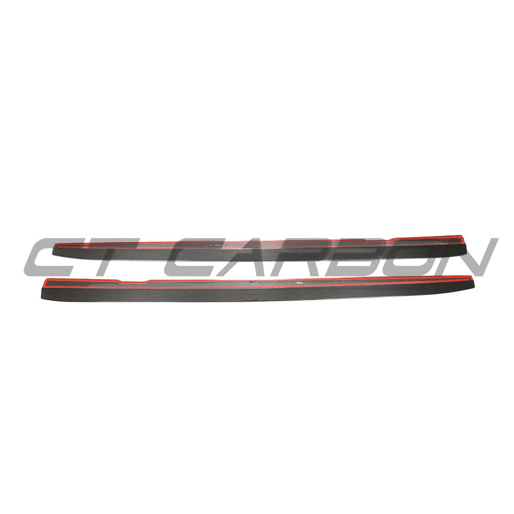 Mercedes E63 W213 2018-2020 CT Design carbon fibre side skirts on a black car, showcasing sleek aerodynamic styling.