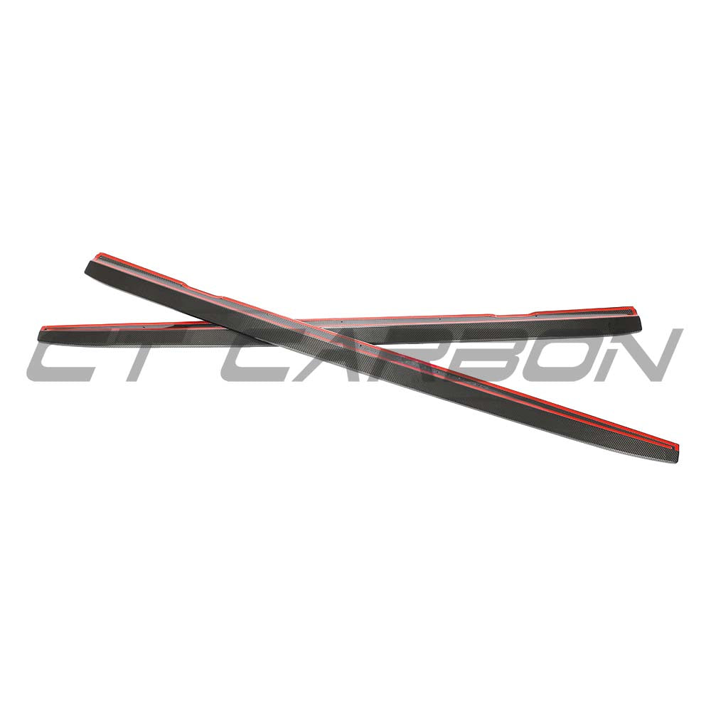 Mercedes E63 W213 2018-2020 pre-facelift carbon fibre side skirts by CT Carbon, showing sleek aerodynamic design and textured finish.