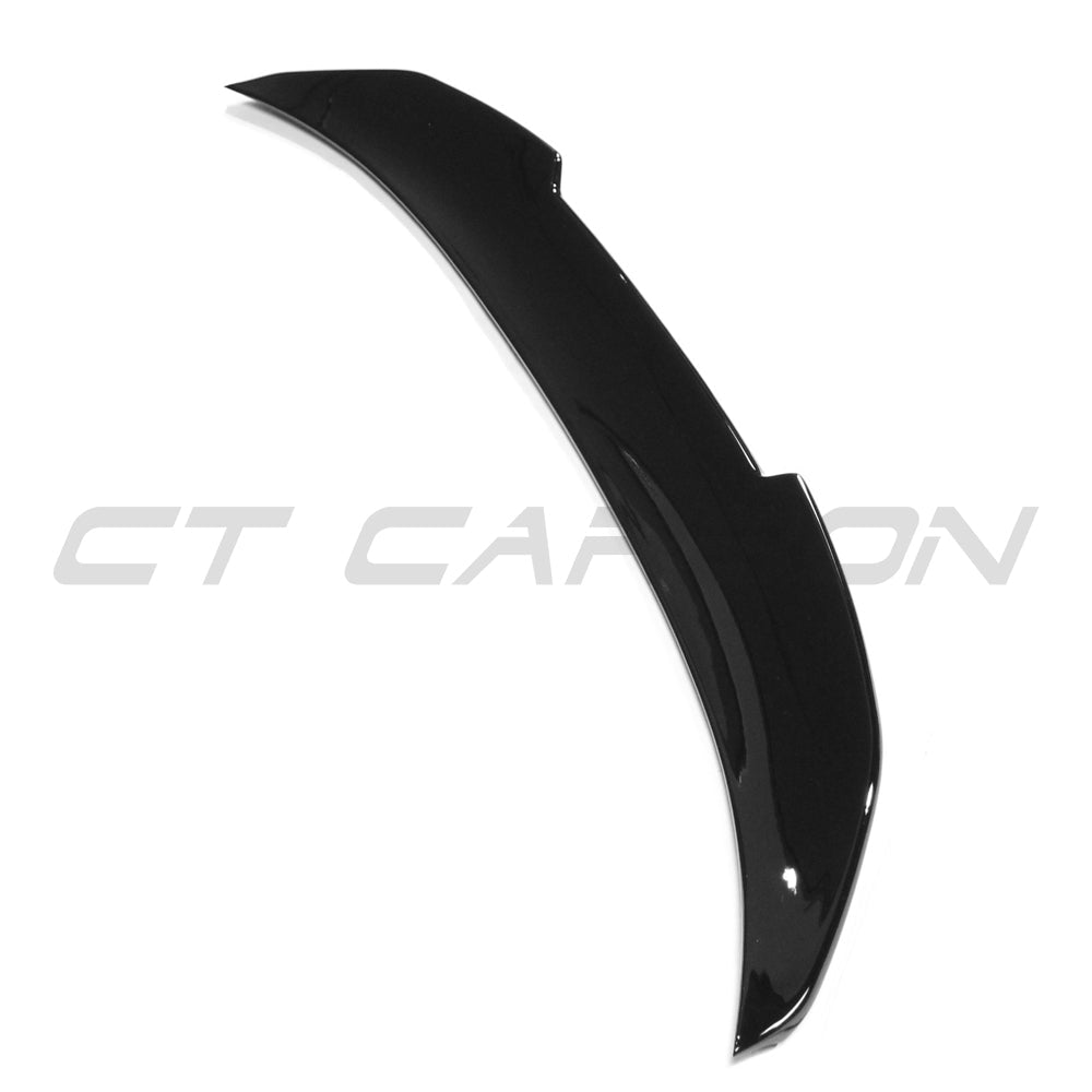 BMW 3 Series F30 GLOSS BLACK spoiler by CT Carbon, V3 model, shown on car with close-up of sleek, aerodynamic design.