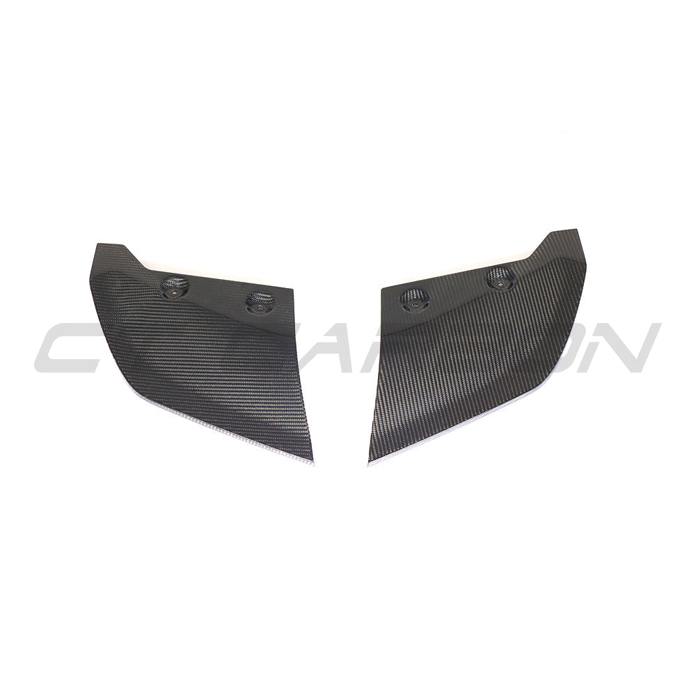 Carbon fiber rear bumper lower corners for Audi R8 V10 Gen 2 2015-2019, by CT Carbon, shown on vehicle.