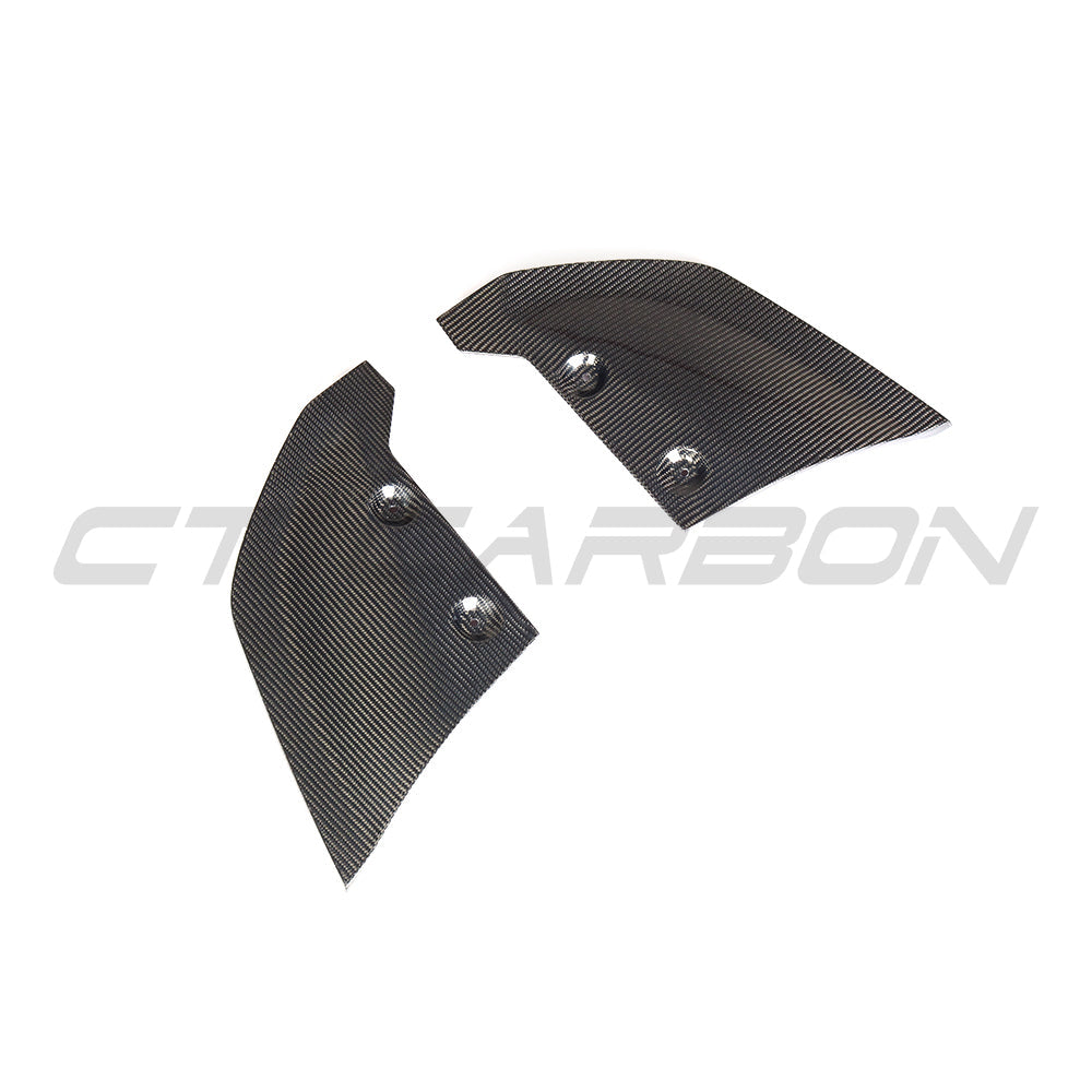 CT Carbon Audi R8 V10 Gen 2 2015-2019 carbon fiber rear bumper lower corners accessory, close-up view of the sleek, textured finish.