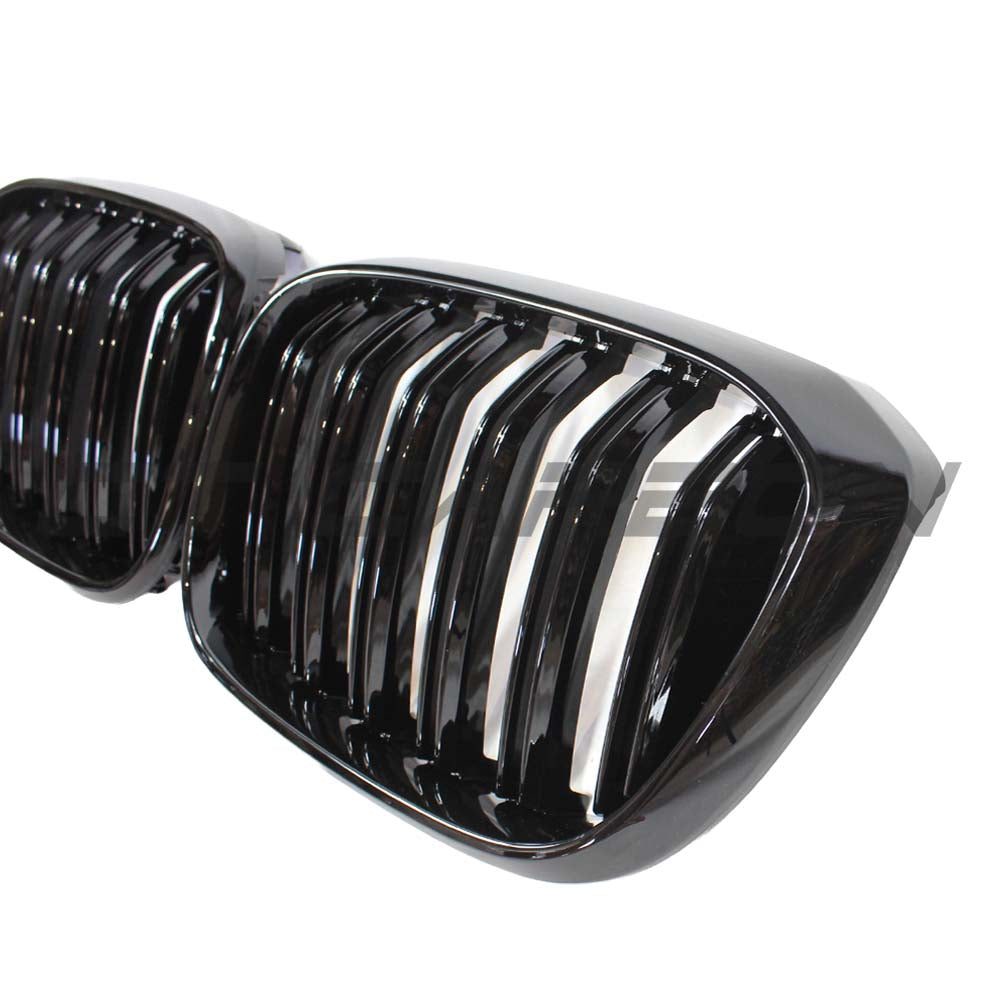 BMW G01 X3 2017-2021 CT Carbon double slat black grille, close-up view showing sleek automotive grille design.