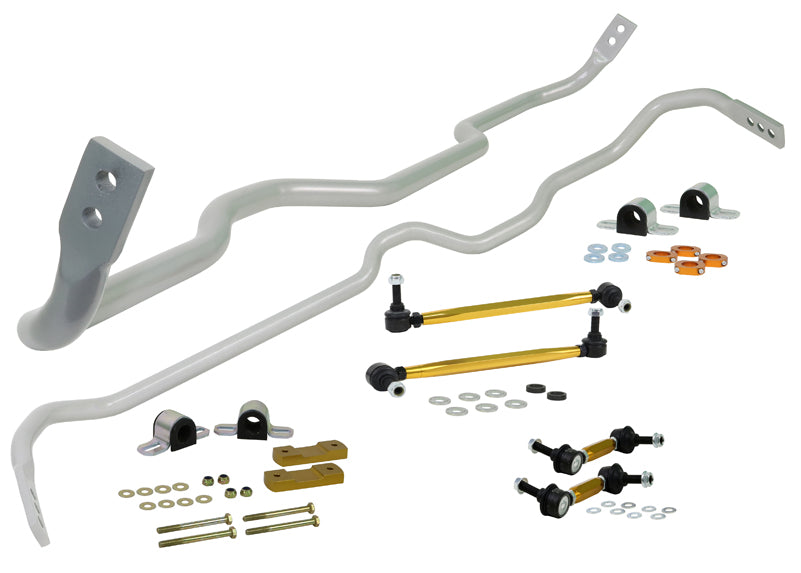Whiteline front and rear anti-roll bar kit installed on Audi A3 Mk2 Quattro and VW Golf Mk5 R32, R, and Mk6 R models.