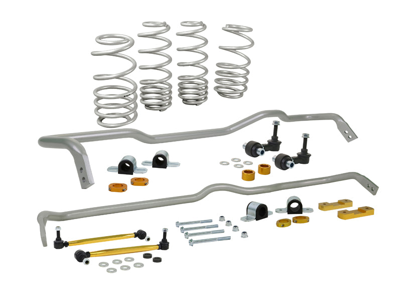 Whiteline Grip Series 1 anti-roll bar and lowering spring kit for VW Golf Mk7 R suspension linkage, showing the components in detail.
