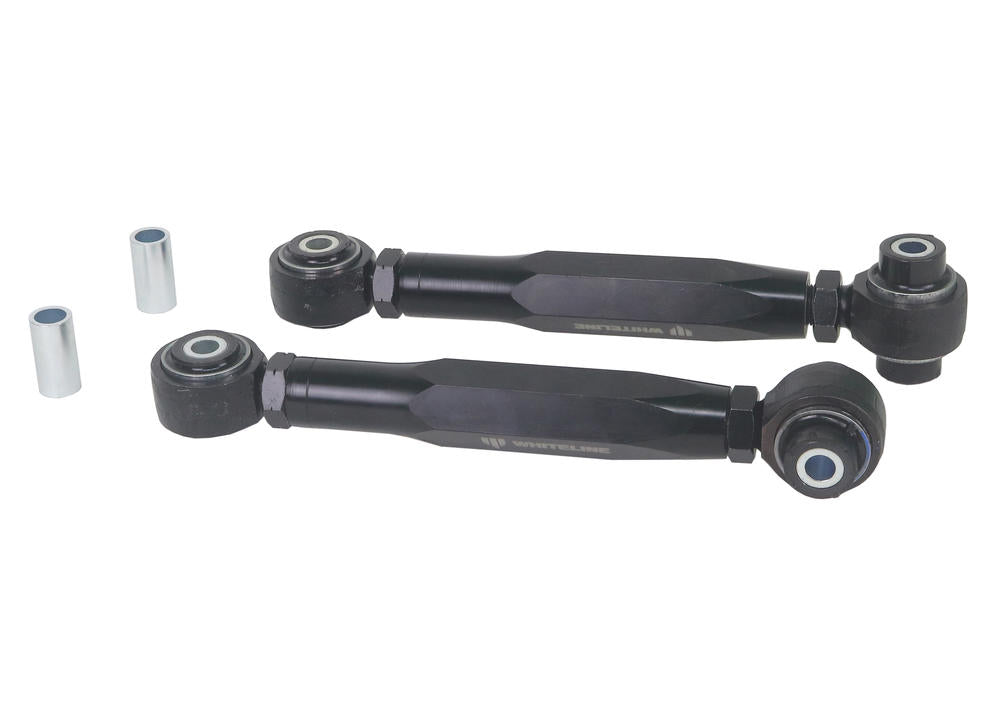 Whiteline lower front control arm drop link showing a metal suspension component with mounting points and rubber bushings.