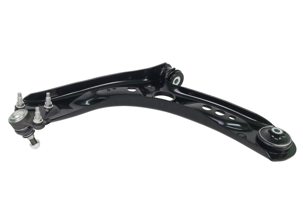Whiteline front lower control arm showing metal arm with bushings for vehicle suspension.