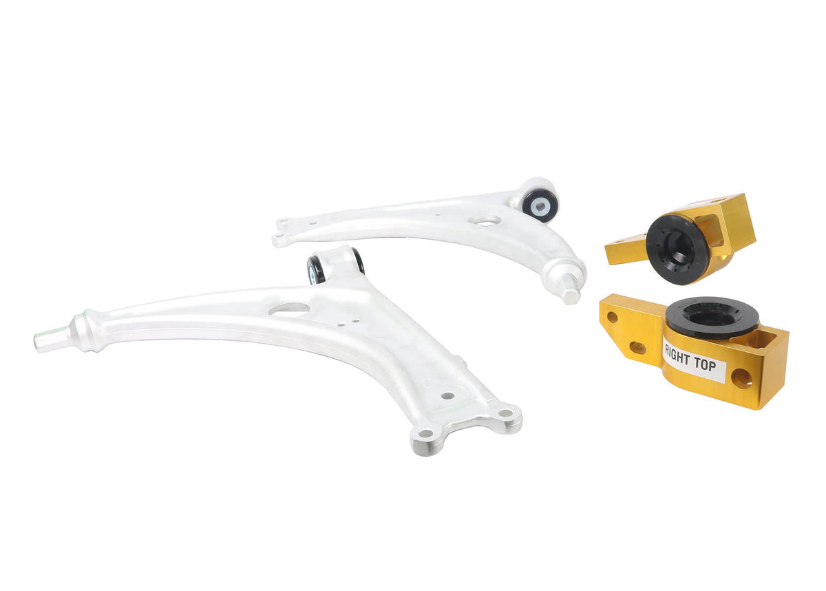 Whiteline anti-lift alloy lower control arm for Audi A3 S3, Seat, Skoda, VW Golf, and Jetta 2003-2013, shows metal construction and mounting points.