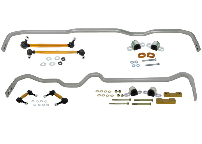 Whiteline front and rear anti-roll bar kit installed on Audi A3 Mk2 Quattro and VW Golf R32 Mk6 R, showing adjustable sway bars.