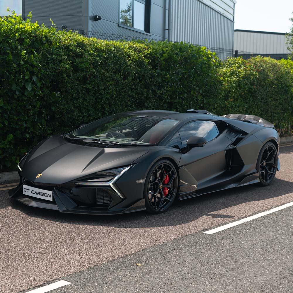 Lamborghini Revueltto carbon fiber side skirts by CT Carbon, showcasing sleek, lightweight automotive side panel extensions.