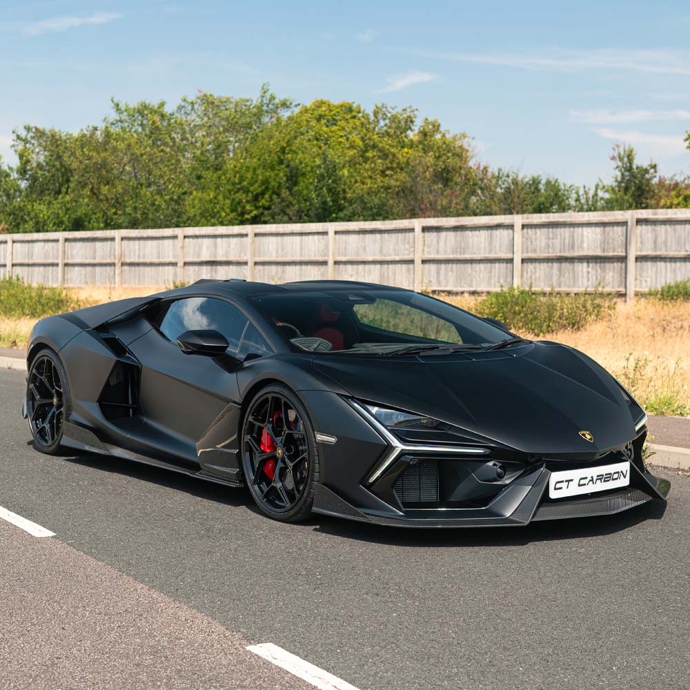 Lamborghini Revueltto carbon fiber side skirts by CT Carbon, designed for enhanced aerodynamics and sleek sports car appearance.