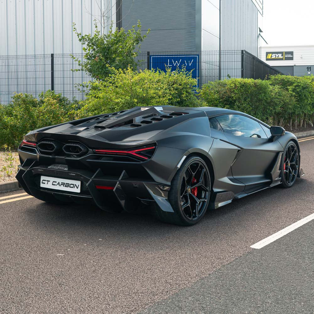Lamborghini Revueltto carbon fibre rear diffuser by CT Carbon, showcasing sleek aerodynamic design and detailed craftsmanship.