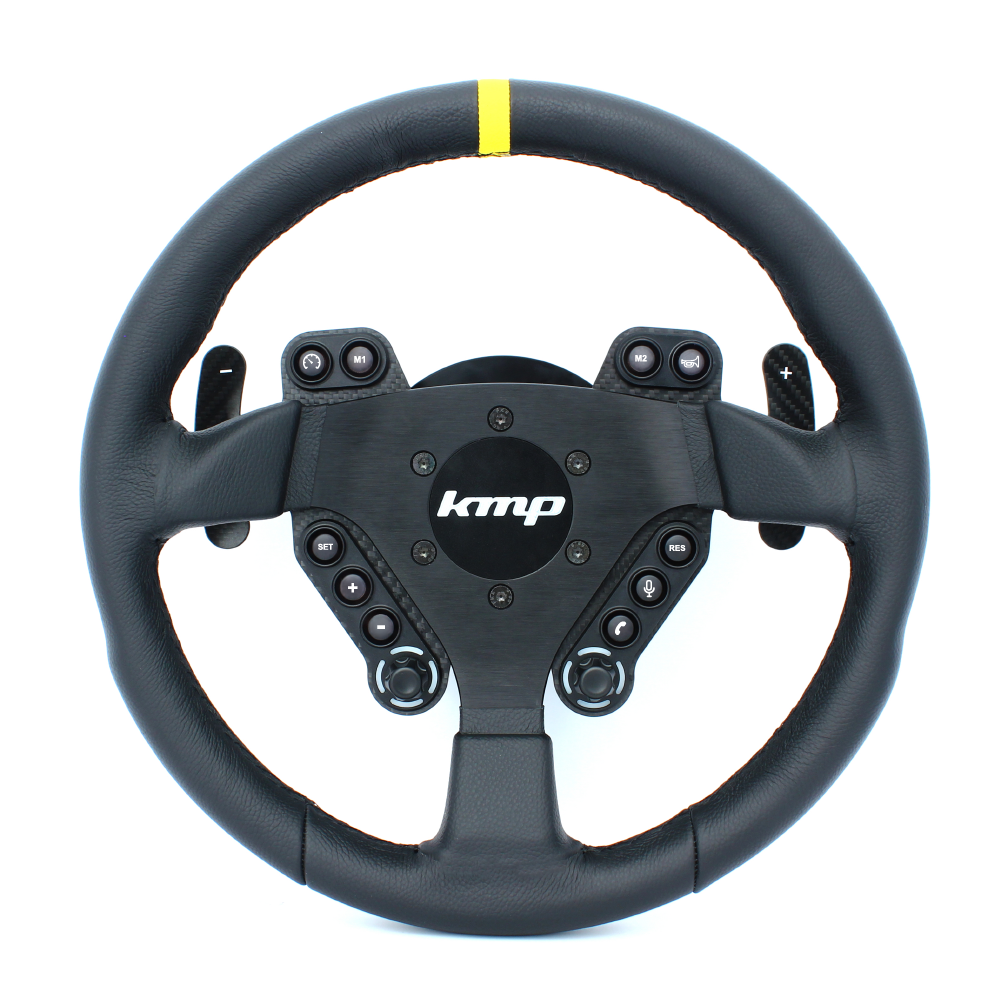 KMP Drivetrain Clubsport Steering Wheel for BMW FXX, black racing wheel with textured grip and brand logo in center.