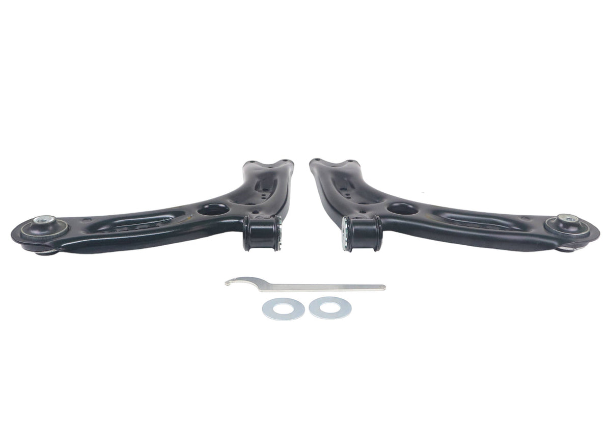 Whiteline lower control arm assembly showing metal arm with ball joint and mounting points for vehicle suspension system.
