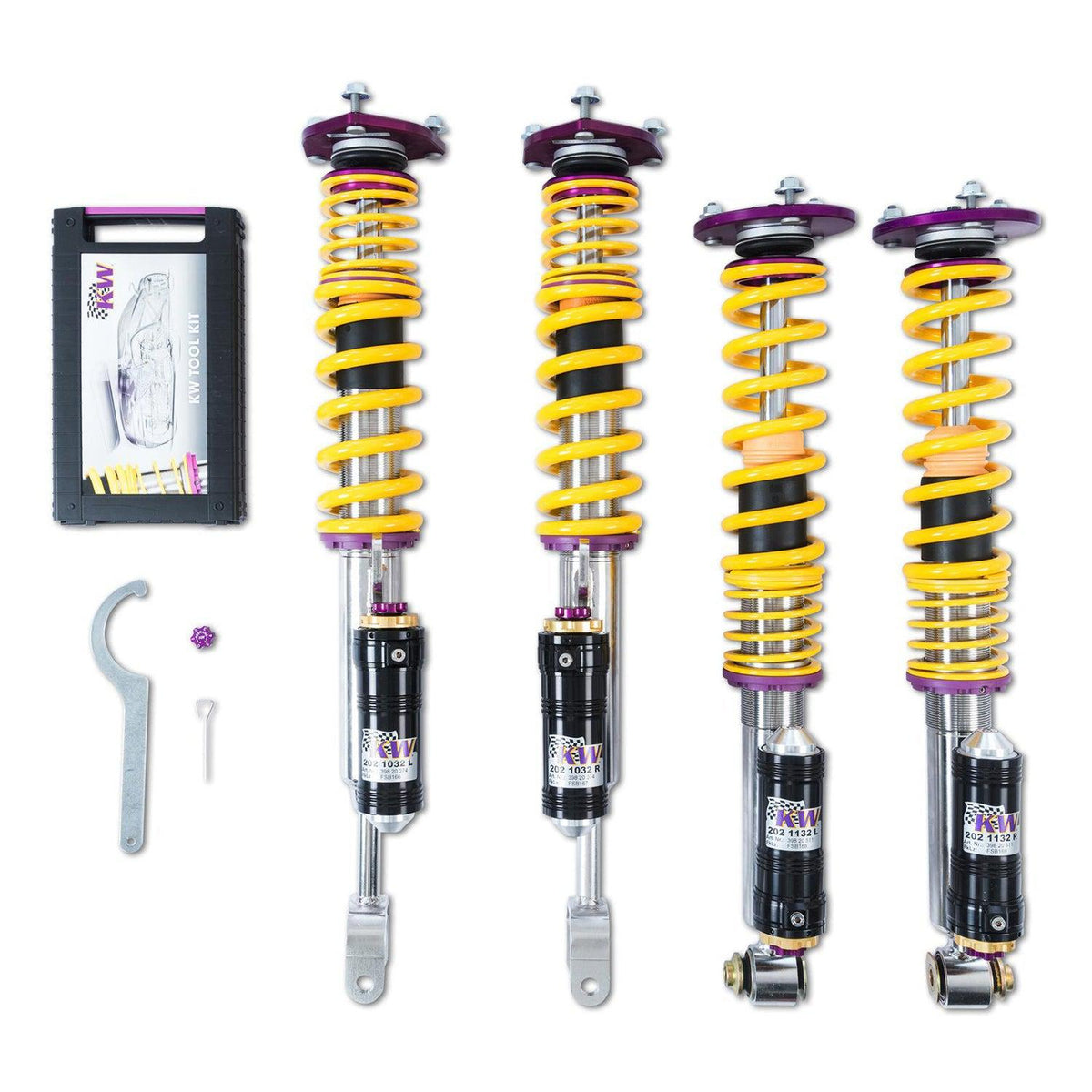 KW Suspension V4 3-way adjustable coilover kit for Audi RS6 and RS7 C8 models showing the coilover suspension components.