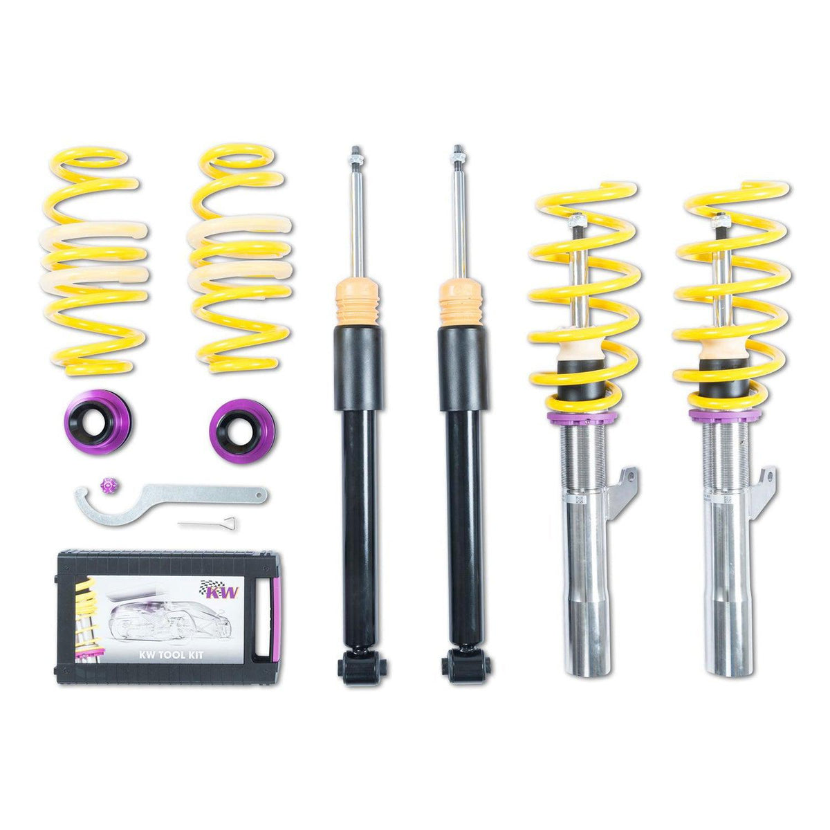 KW Suspension BMW 330D/316D G20 V2 Coilover Kit with EDC deactivation, showing adjustable suspension coilovers in a car suspension setup.