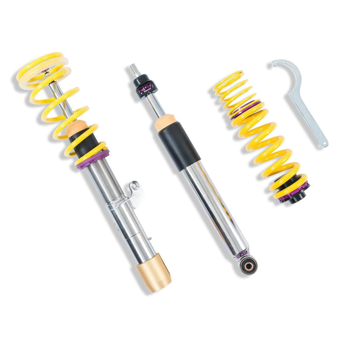 KW Suspension BMW M2/M2 Competition V3 coilover kit installed on a black BMW M2 F87, showcasing adjustable suspension components.