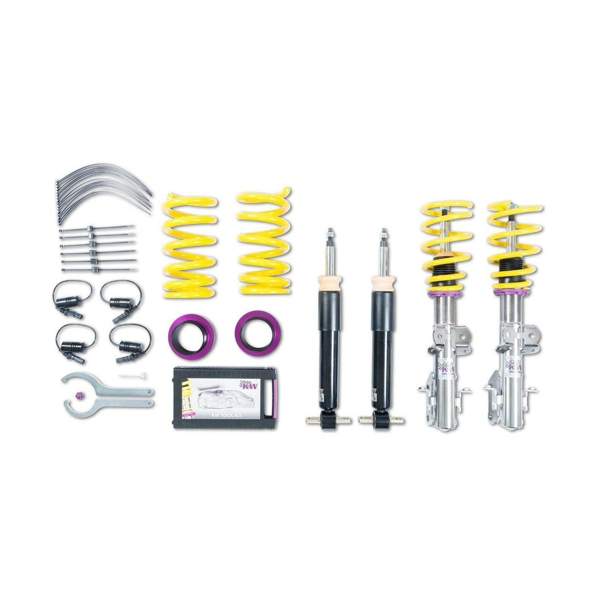 KW Suspension BMW M3 V1 coilover kit with deactivation kit for E90/E92, showing adjustable suspension components and coilover setup.