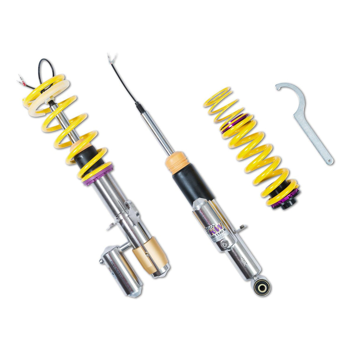 KW Suspension DDC plug-and-play coilover kit for BMW M3 F80 and M4 F82 with EDC, showing coilover components and adjustable features.