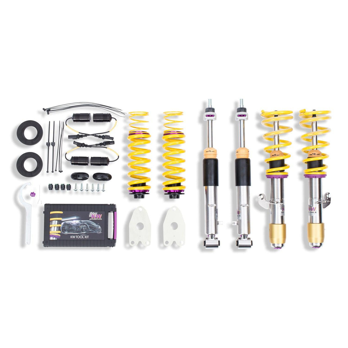 KW Suspension V3 coilover kit for BMW M3 F80 and M4 F82 with deactivation kit, featuring adjustable suspension components.