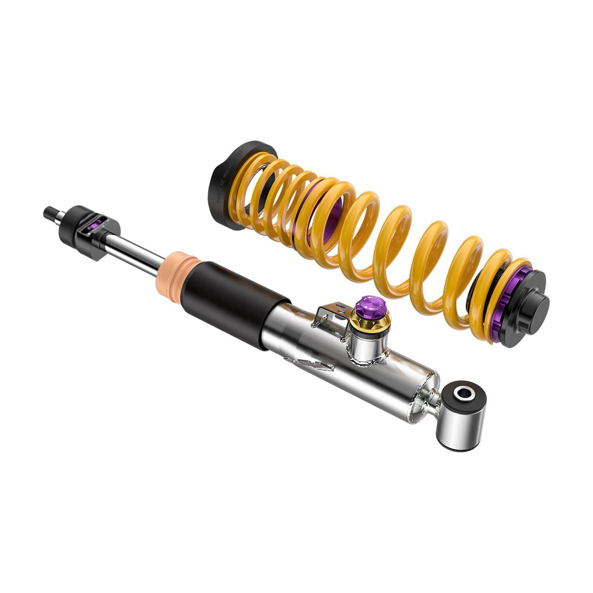 KW Suspension V4 coilover kit for BMW G80 M3 and G82 M4 XDrive, showing adjustable suspension components on a vehicle.