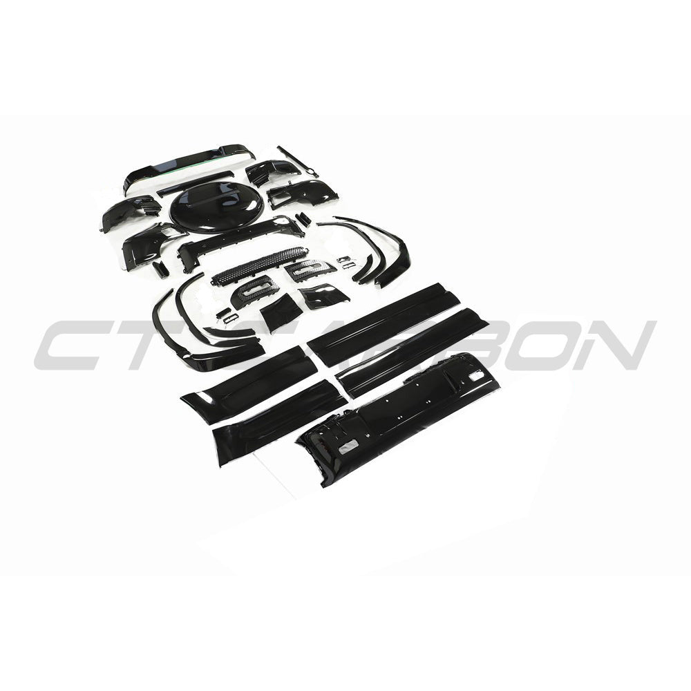 Gloss black kit for Land Rover Defender L663 110 by CT Carbon, featuring sleek, high-quality exterior enhancements.