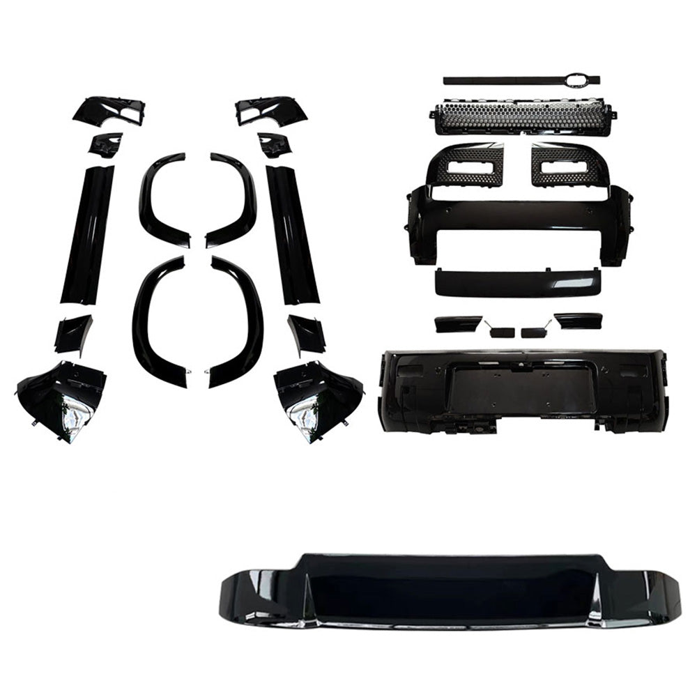 Land Rover Defender L663 90 CT Carbon gloss black kit, front and rear accessories, with sleek black finish on vehicle parts.