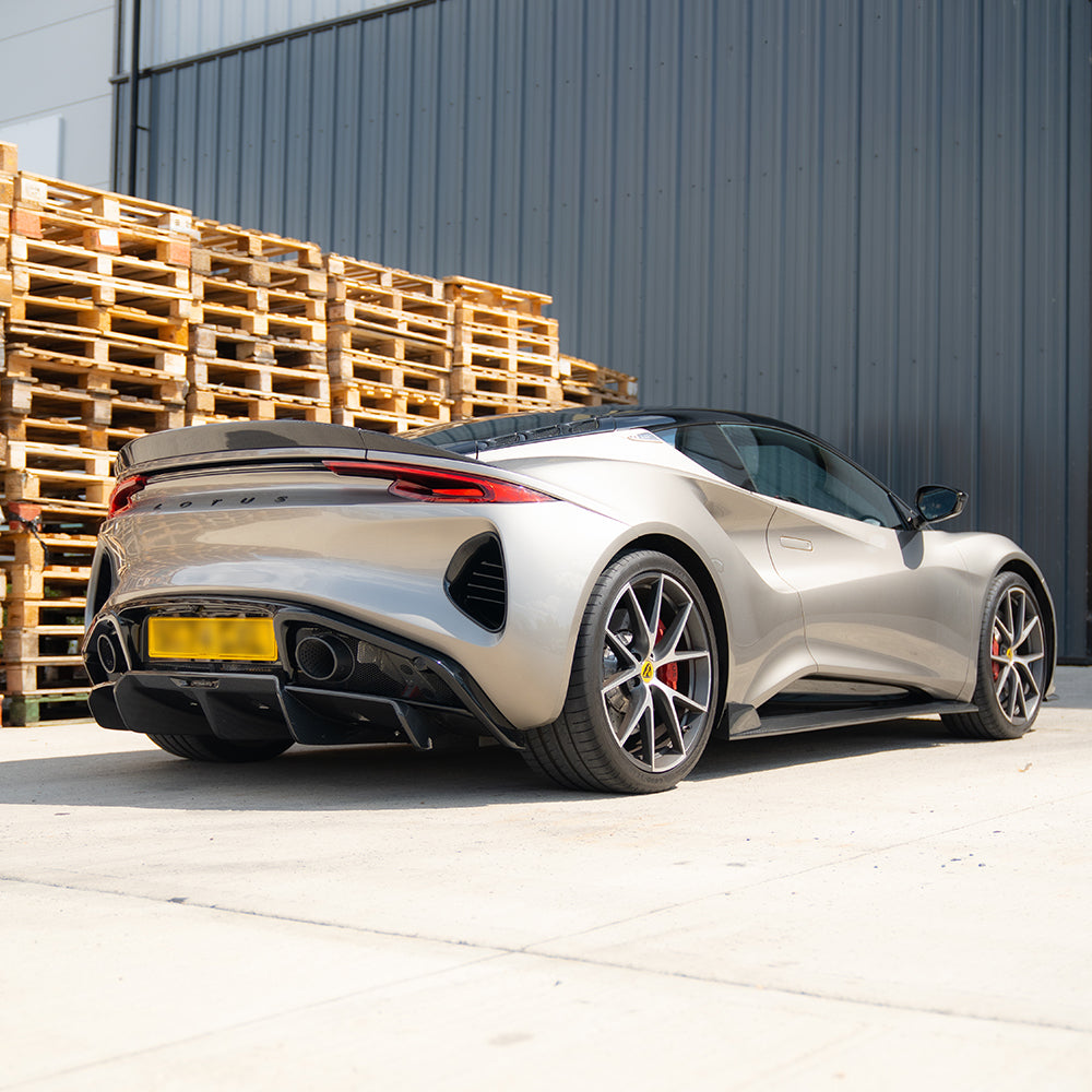 Lotus Emira carbon fibre side skirts by CT Design, showcasing sleek, lightweight aerodynamic enhancements on the car's sides.