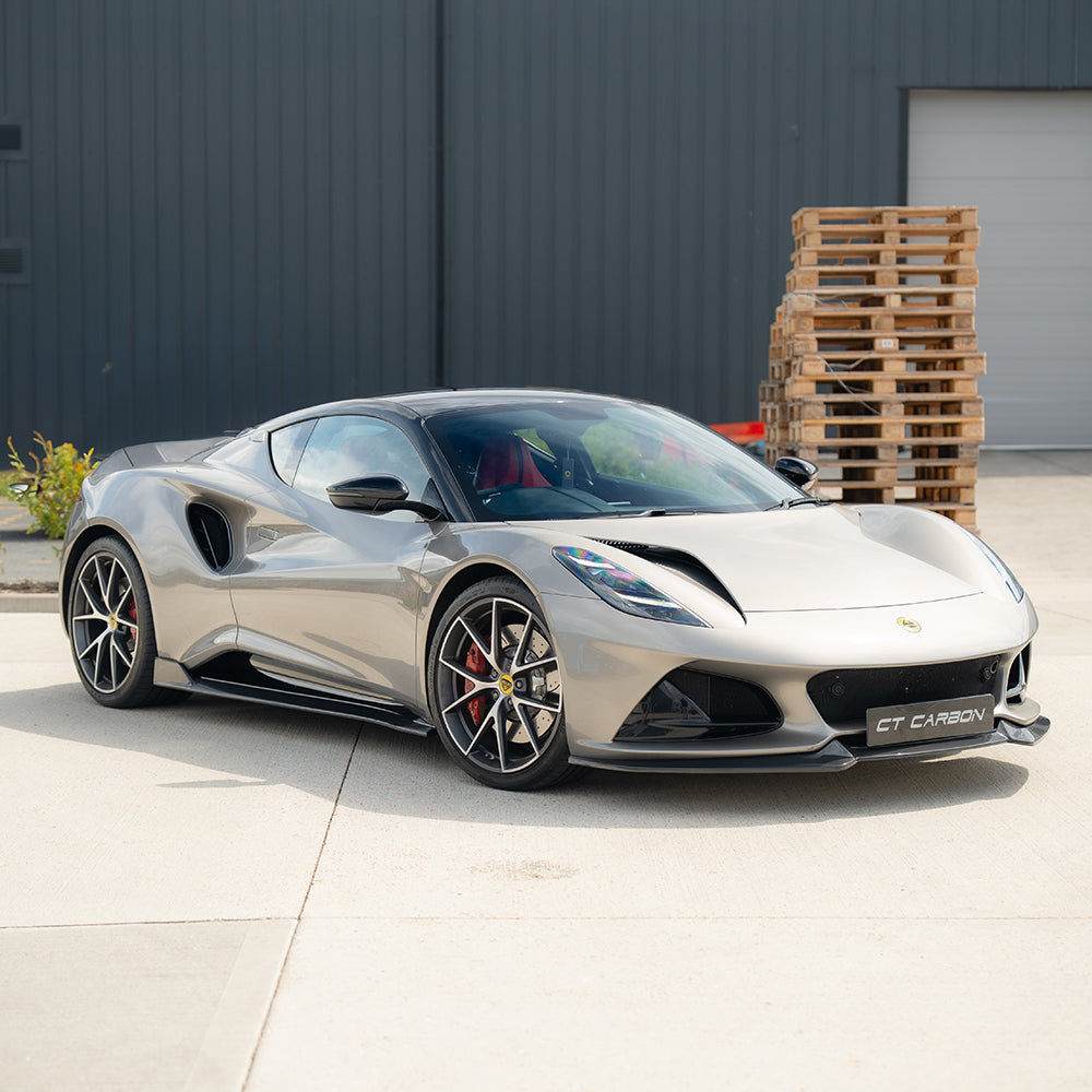 Carbon fibre front splitter for Lotus Emira by CT Design, with sleek aerodynamic design and detailed close-up of the splitter.