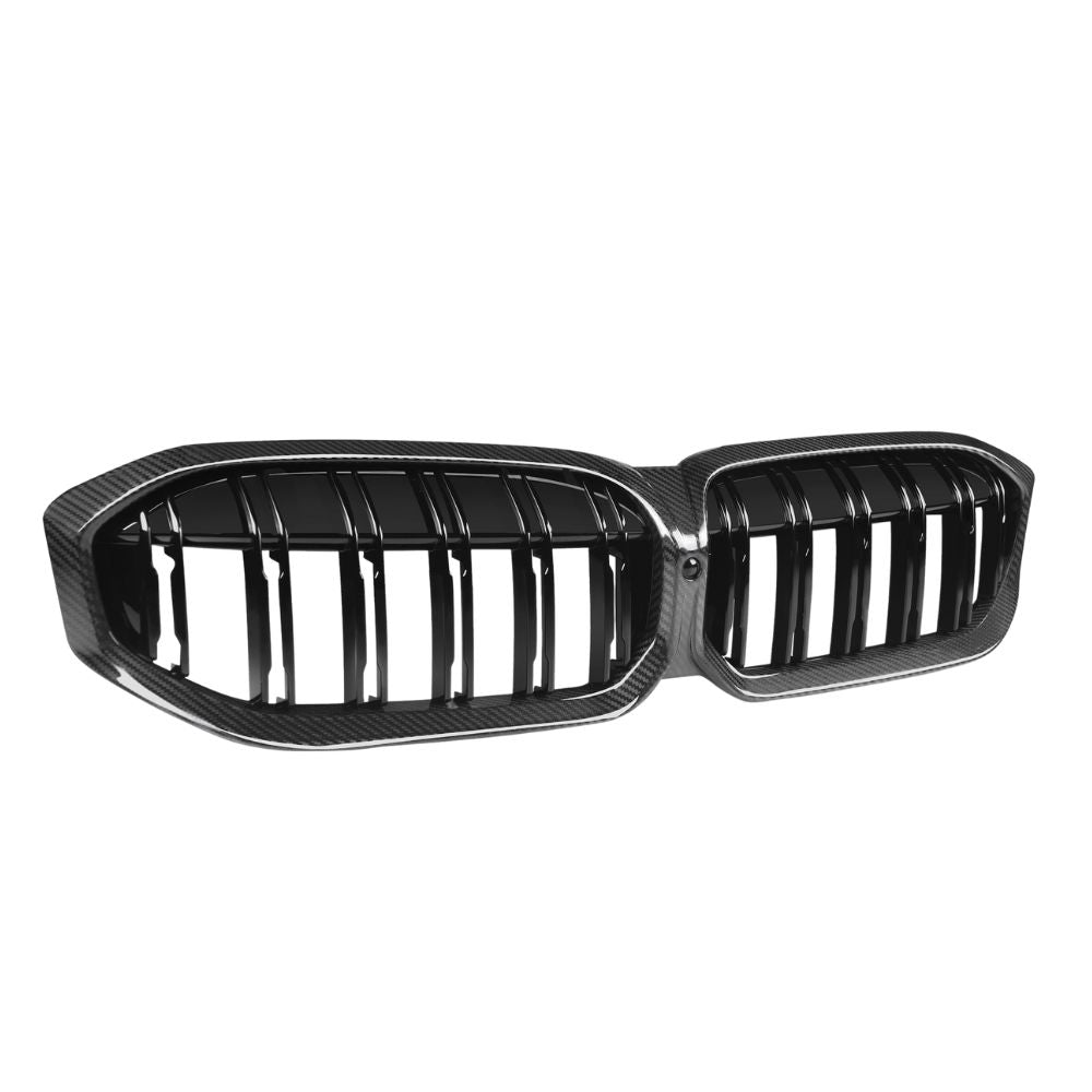 BMW 3 Series G20/G21 LCI 2022+ carbon fibre double slat grille accessory by CT Carbon, showing close-up of sleek black grille design.