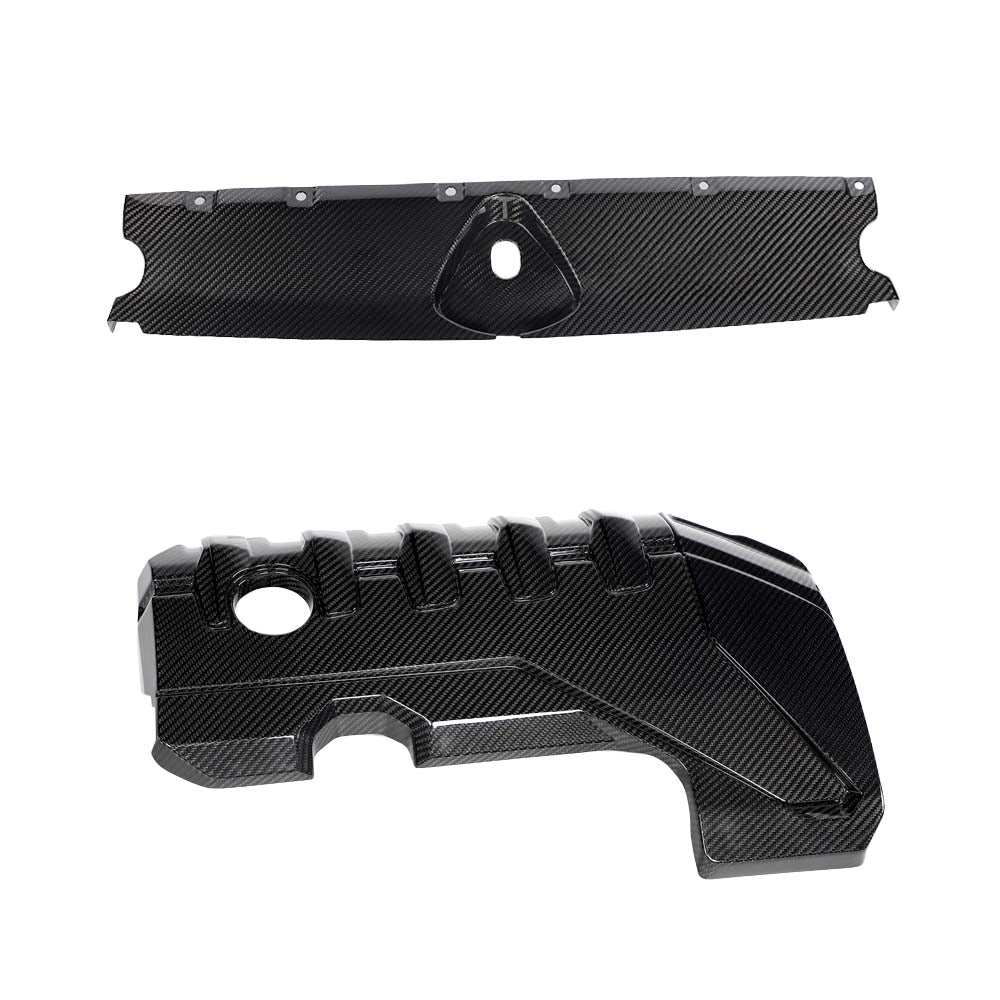 CT Carbon Audi RS3 8Y 2020+ carbon fibre engine cover kit installed, showcasing sleek black carbon fiber with detailed branding.