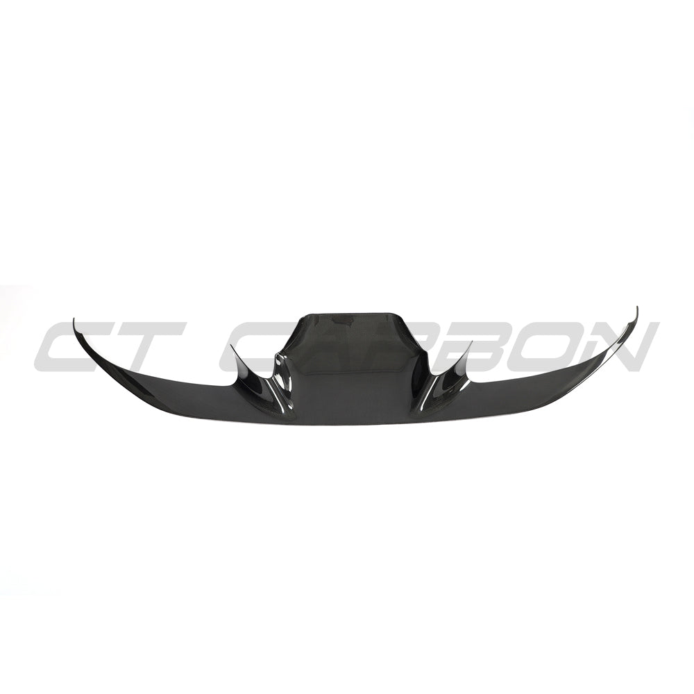 Carbon fiber front bumper splitter for Ferrari F8 2019-2023, designed by CT Carbon, shown in a sleek, detailed close-up image.