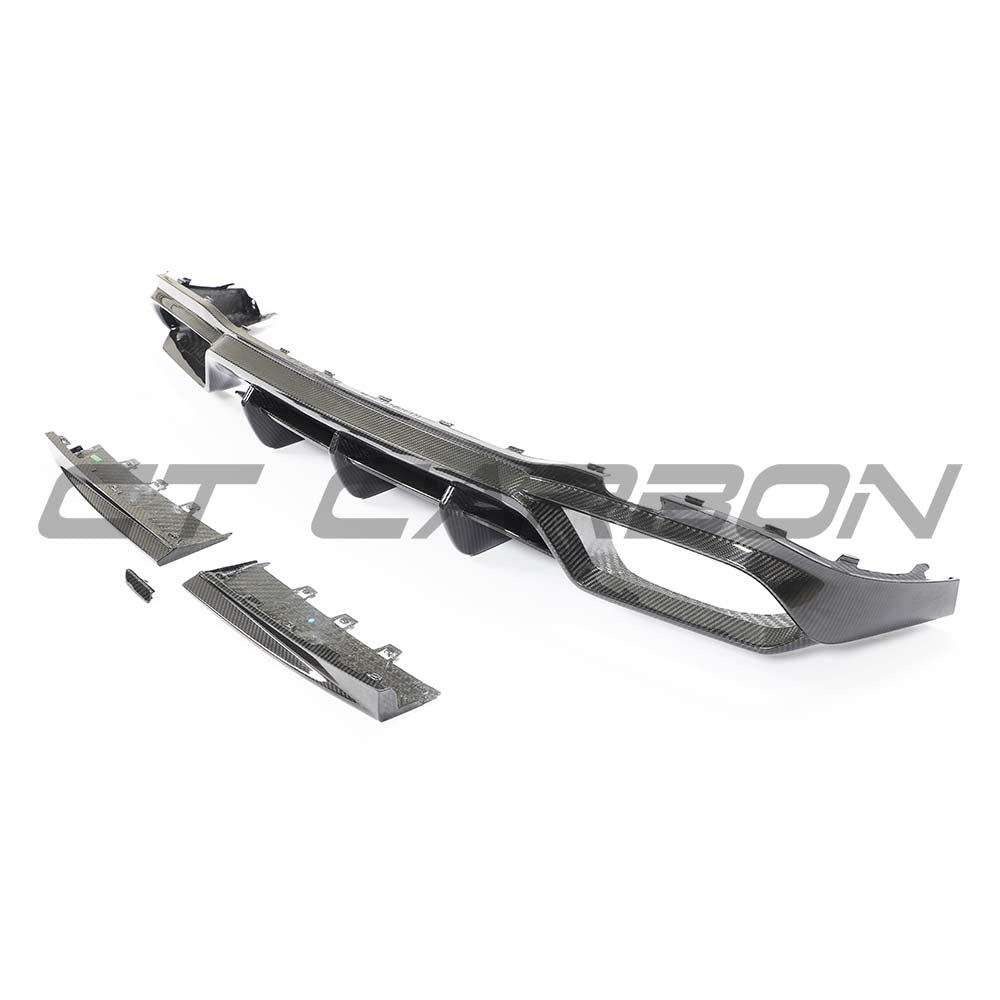Mercedes E63 W213 2018-2020 pre-facelift CT Carbon diffuser with carbon fibre finish, showcasing its sleek, aerodynamic design.
