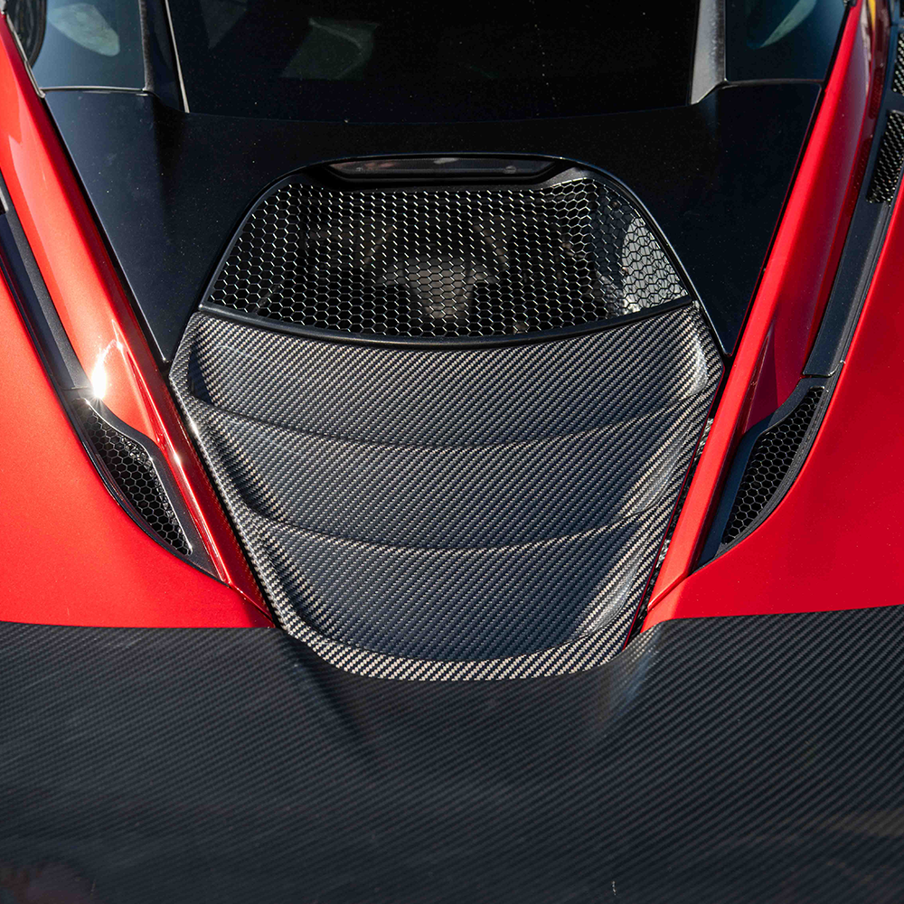 CT Carbon McLaren 720S carbon fiber engine cover accessory showing sleek black woven design and detailed craftsmanship.