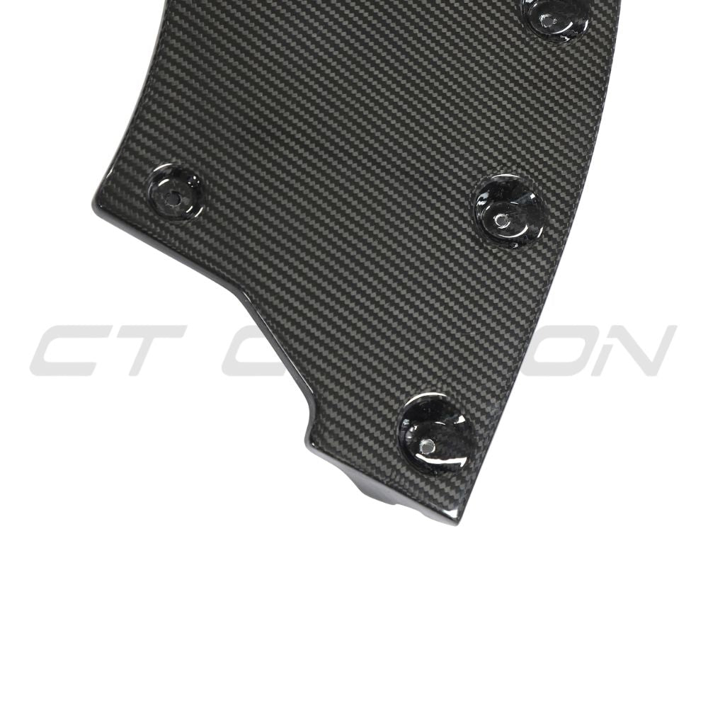 Carbon fibre splitter for McLaren 720S by CT Design, showing the aerodynamic design and textured carbon fibre surface.