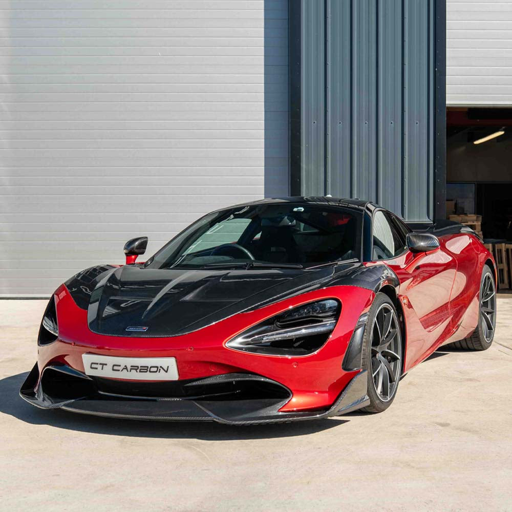 MCLAREN 720S full carbon fiber splitter kit by CT Design, showcasing sleek, lightweight carbon fiber components on the car.