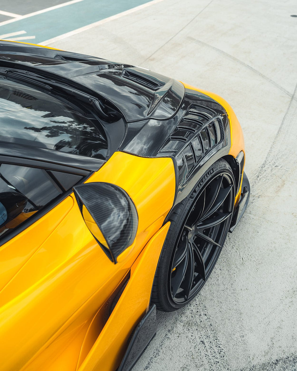 Carbon fiber kit for McLaren 720S by CT Carbon, showing detailed close-up of the full carbon fiber exterior components.