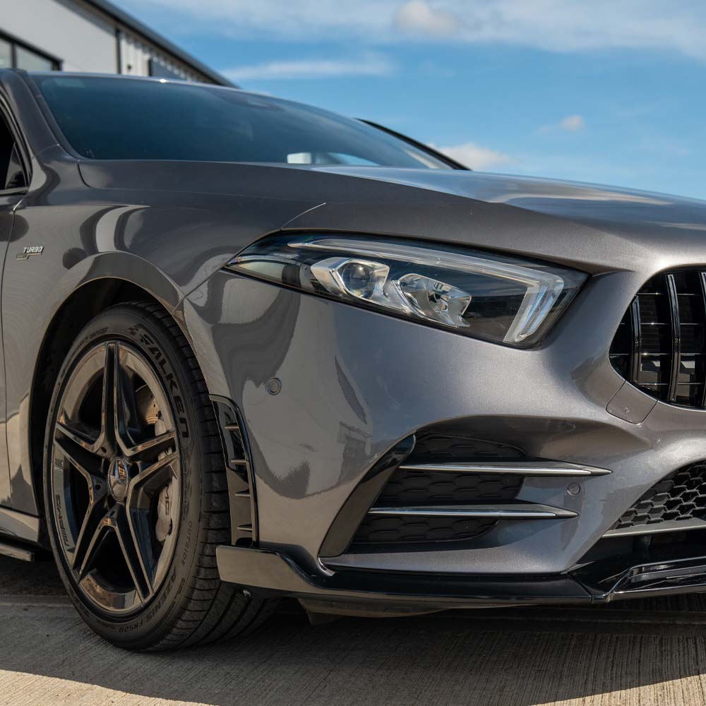 Gloss black Mercedes A-Class W177 front bumper vents, CT Carbon accessories, designed for 2018-2022 model front bumper styling.