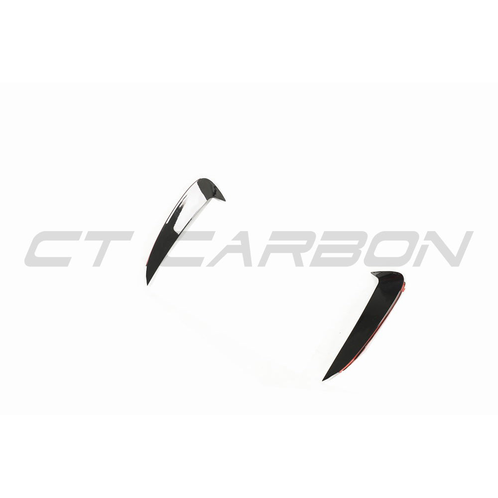 CT Carbon Mercedes C238 2017-2020 E-Class Coupe front bumper trim V2, close-up view showing sleek black carbon fiber accessory.