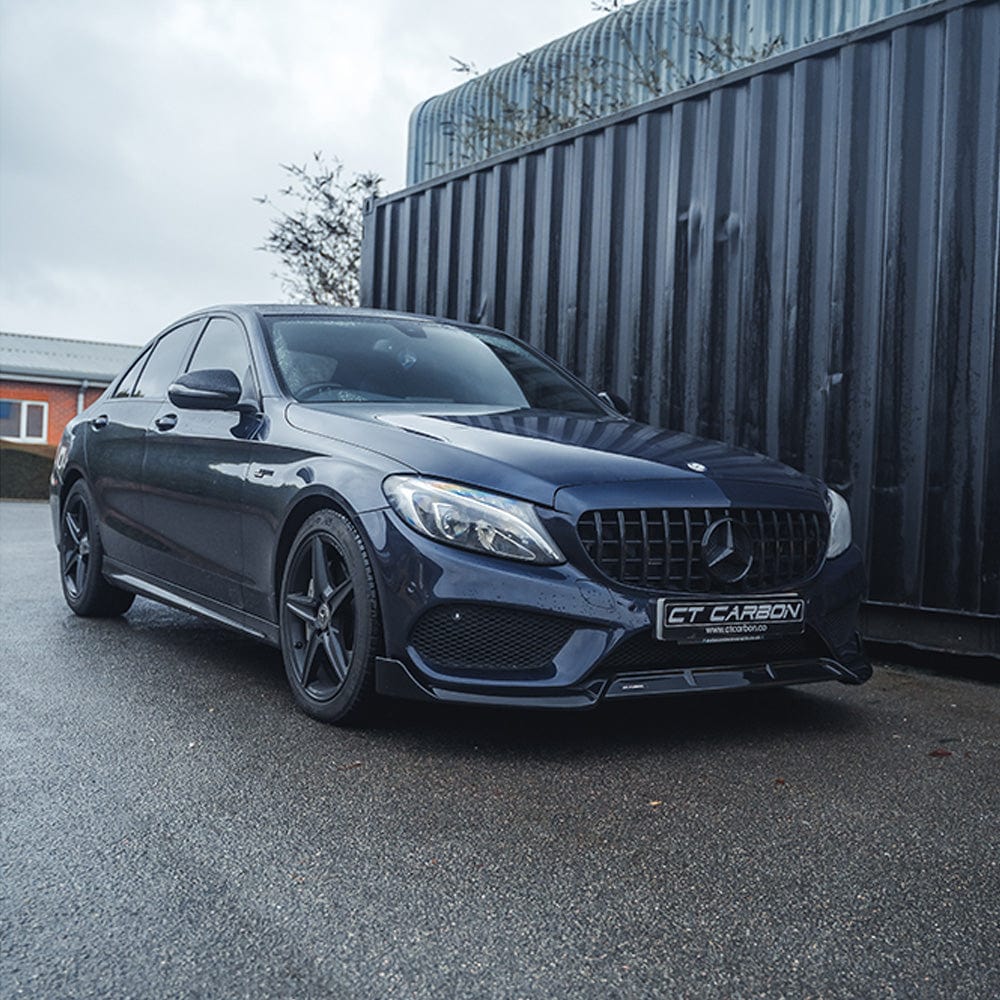 Mercedes C43 and C-Class W205 2014-2018 pre-facelift gloss black splitter by CT Carbon, front view showing aerodynamic design.
