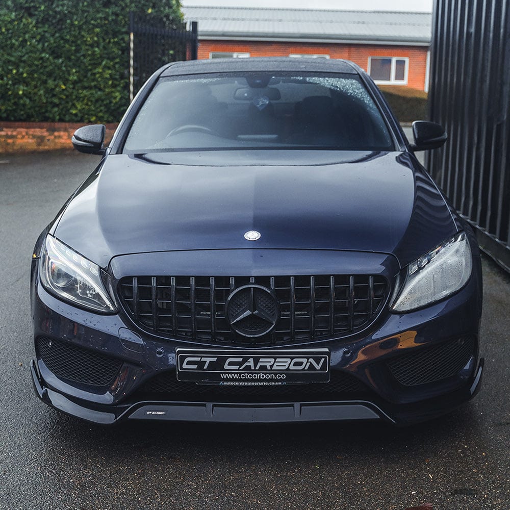Gloss black splitter for Mercedes C43 and C-Class W205 (2014-2018) by CT Carbon, shown on the front bumper of the vehicle.