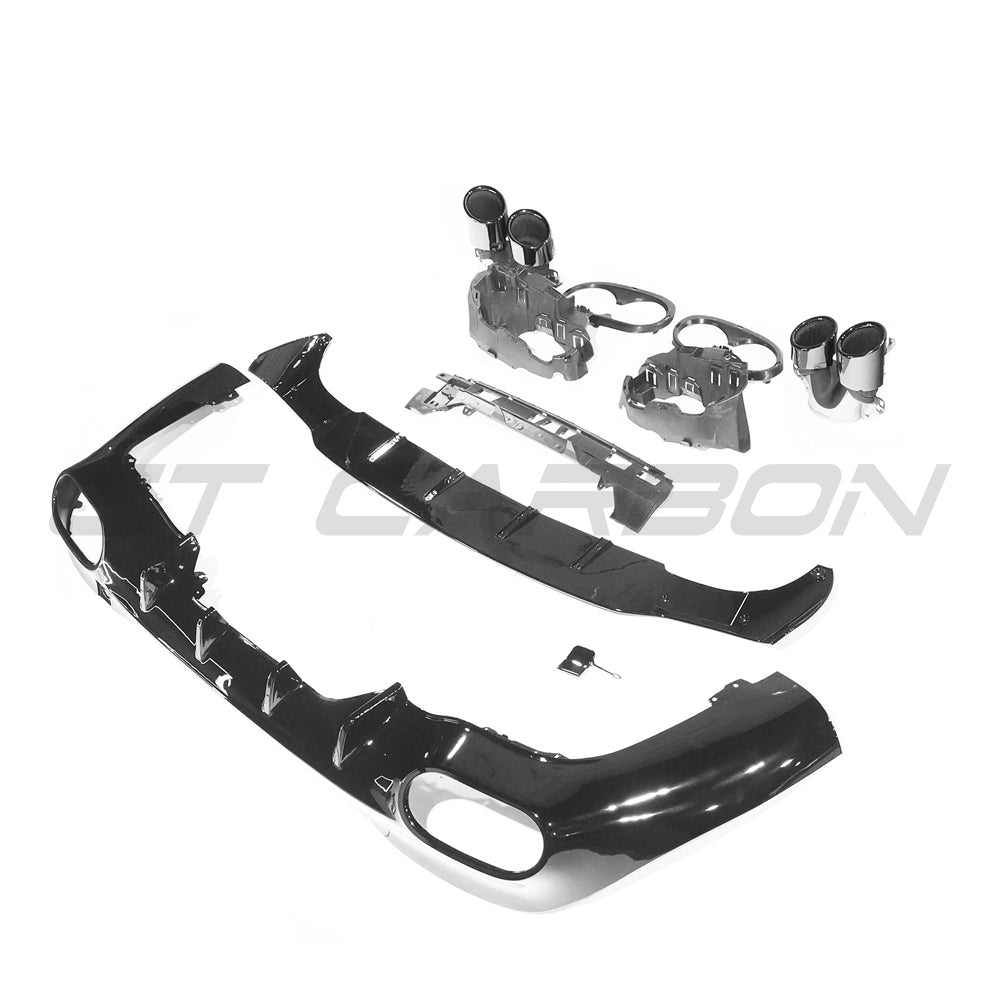 Mercedes W118 CLA and CLA35 diffuser by CT Carbon, gloss black with quad tip design, showcasing a sleek automotive exhaust diffuser.