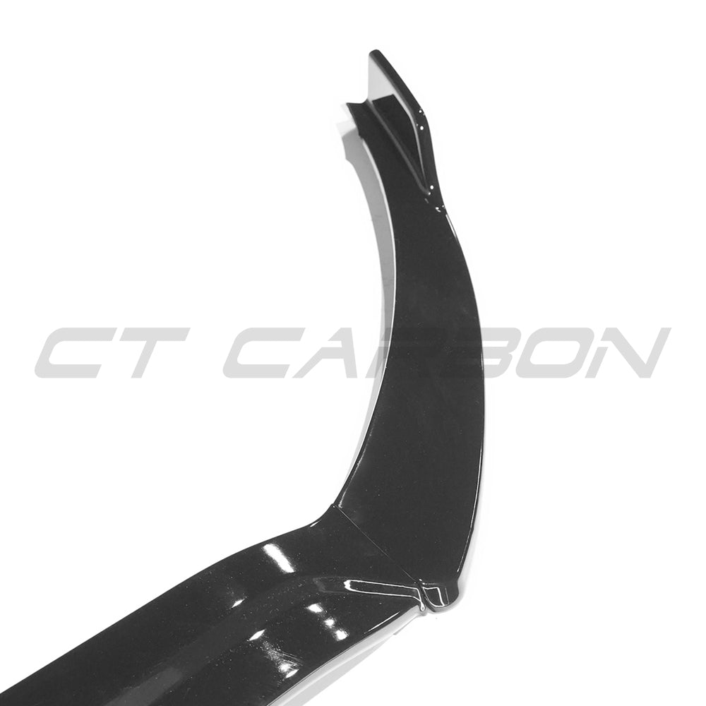 Mercedes W118 CLA B Style gloss black splitter by CT Carbon, showing a close-up of the sleek, aerodynamic automotive front splitter.