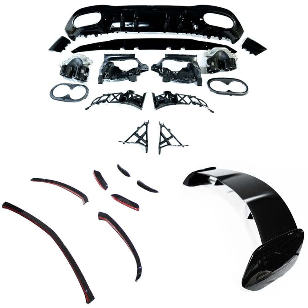 Mercedes W177 A-Class 2018-2022 CT Carbon gloss black kit, showing close-up of sleek, glossy black automotive accessories.