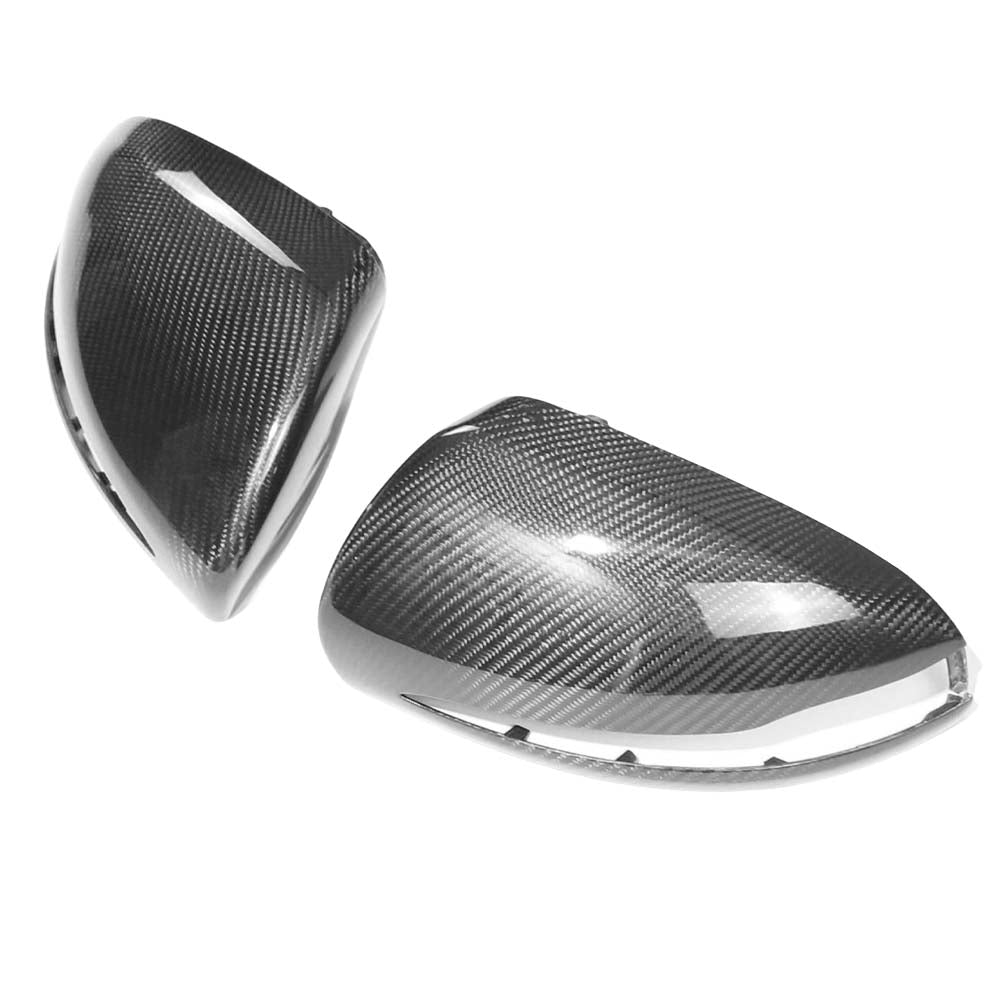 Mercedes W205/W213 carbon fiber mirror covers for right-hand drive, by CT Carbon, showcasing sleek glossy finish on car side mirrors.